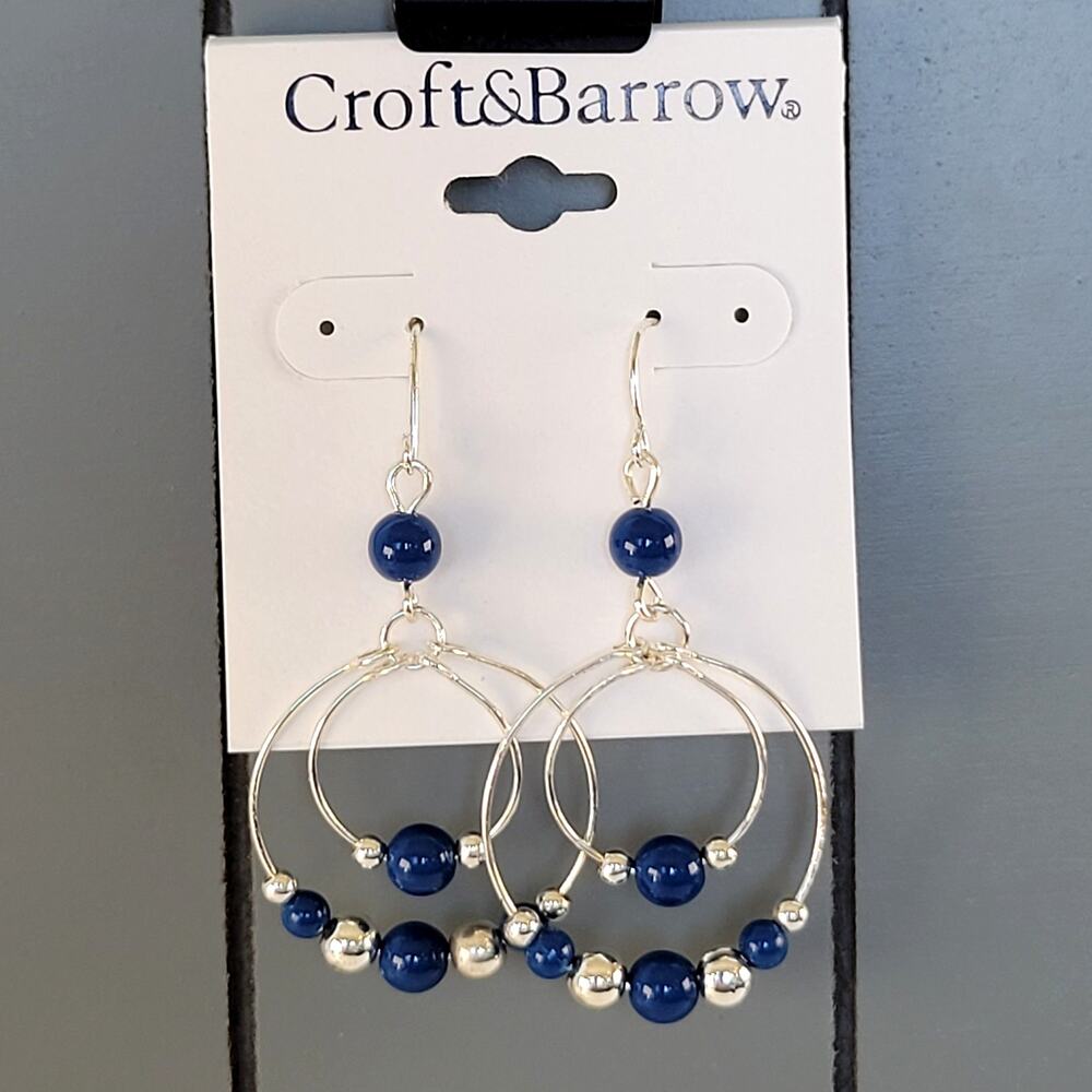 Croft & Barrow Hoop Dangle Earrings Navy Blue Silver Beads 2.04in, Free Gift Bag